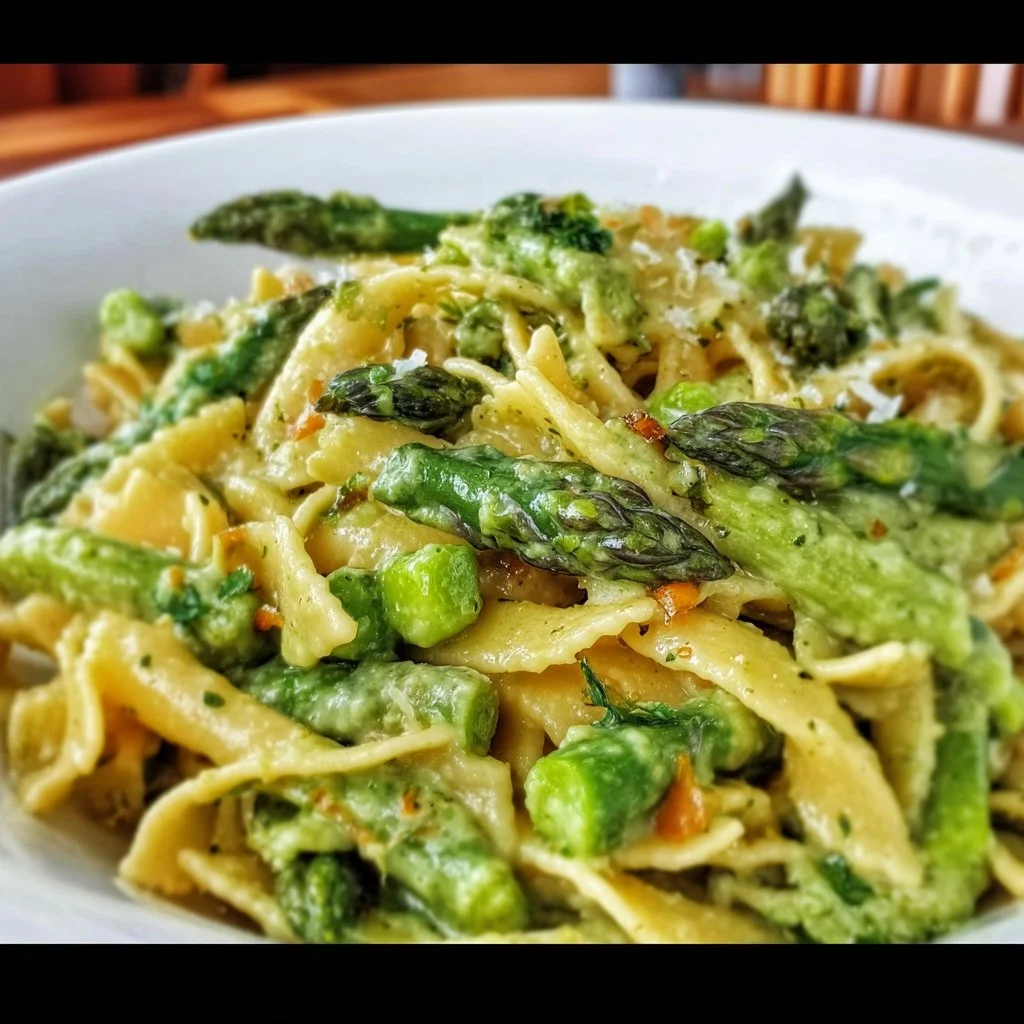 Delicious asparagus pasta dish with fresh vegetables and herbs