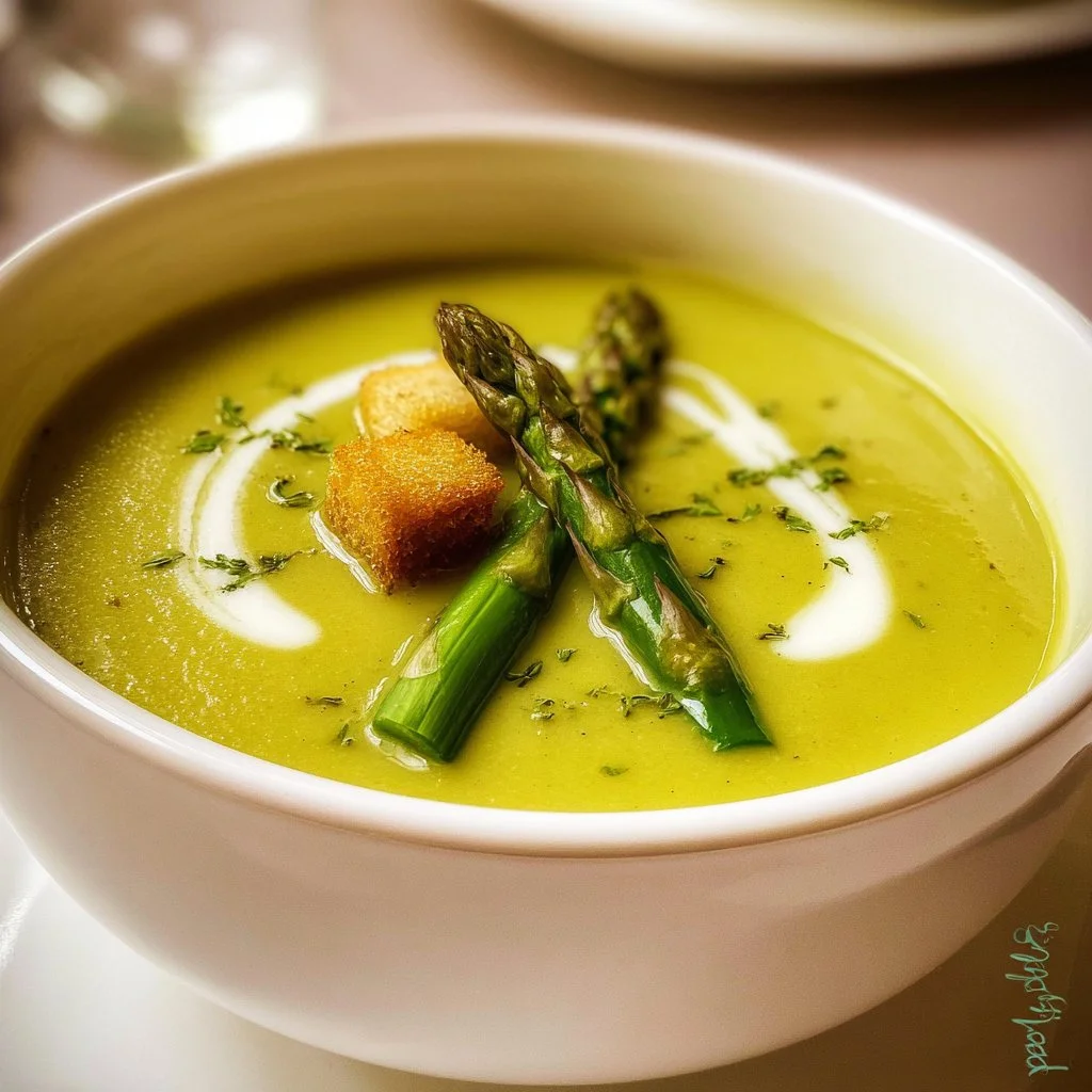 Creamy asparagus soup garnished with fresh herbs in a bowl