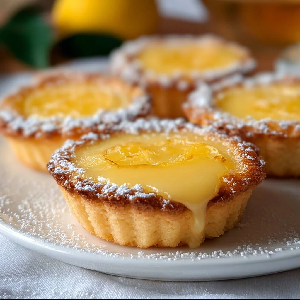 Delicious Baby Lemon Impossible Pies served on a plate with fresh lemons.