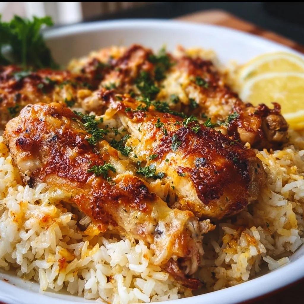 Delicious baked chicken served over fluffy rice with herbs and spices.
