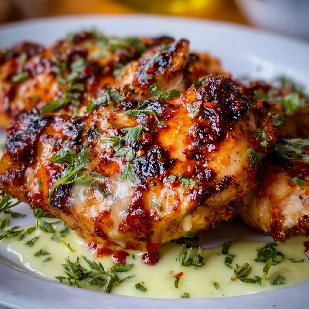 Plate of baked harissa chicken garnished with herbs and spices