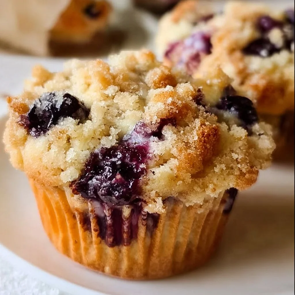 Freshly baked bakery style blueberry muffins with blueberries on top