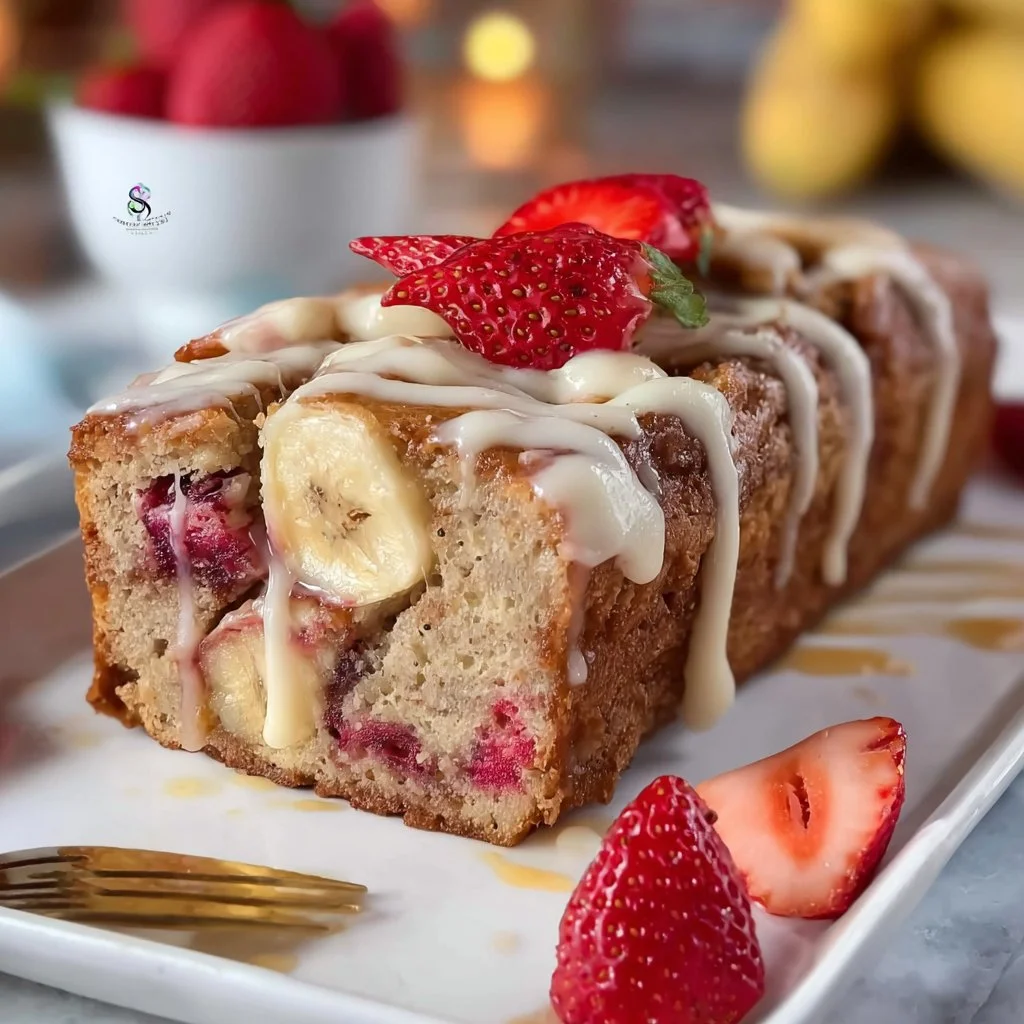 Loaf of freshly baked Banana Strawberry Bread with slices cut and strawberries on the side.