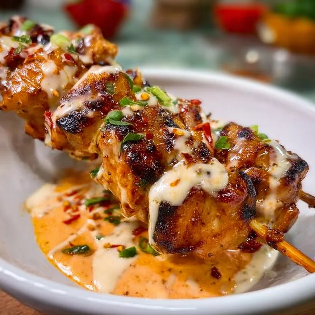 Delicious Bang Bang Chicken Skewers garnished and ready to serve.