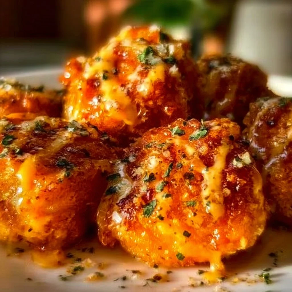 Bang Bang Salmon Bites served in a stylish plate garnished with herbs.