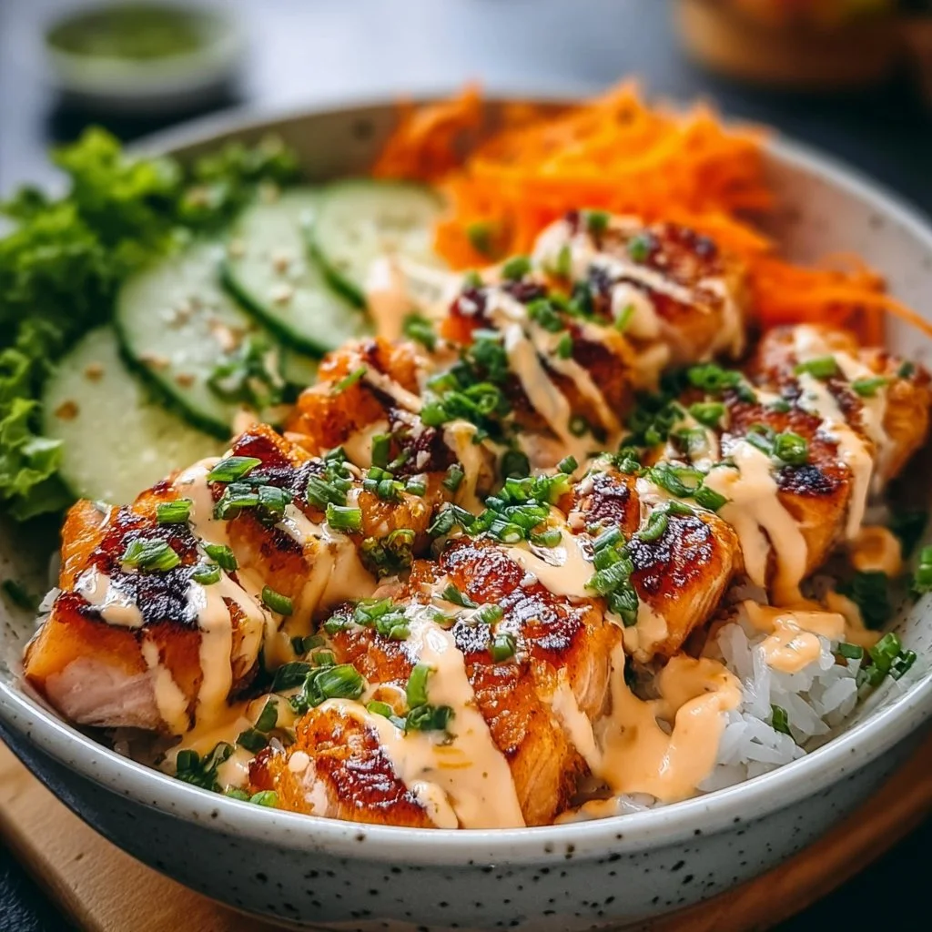 Delicious Bang Bang Salmon Bowls garnished with fresh vegetables and sauce