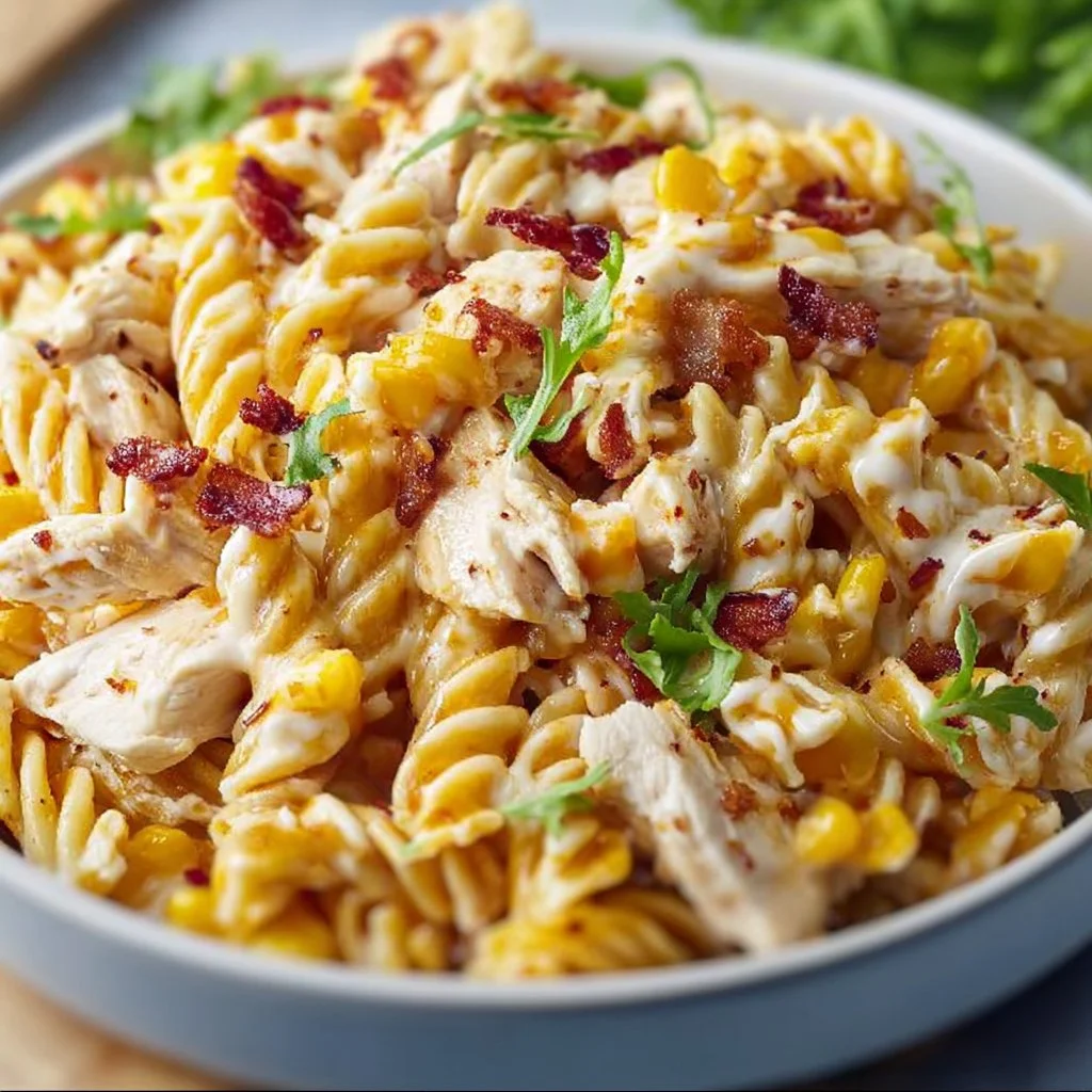 Colorful BBQ Chicken Pasta Salad with vegetables and dressing in a bowl