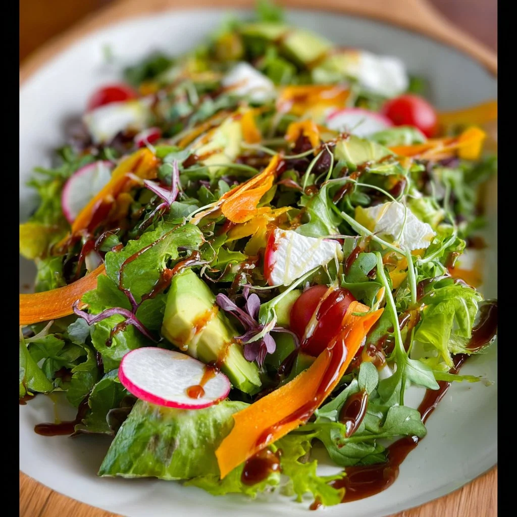 Bright and colorful spring mix salad with fresh greens and vegetables.
