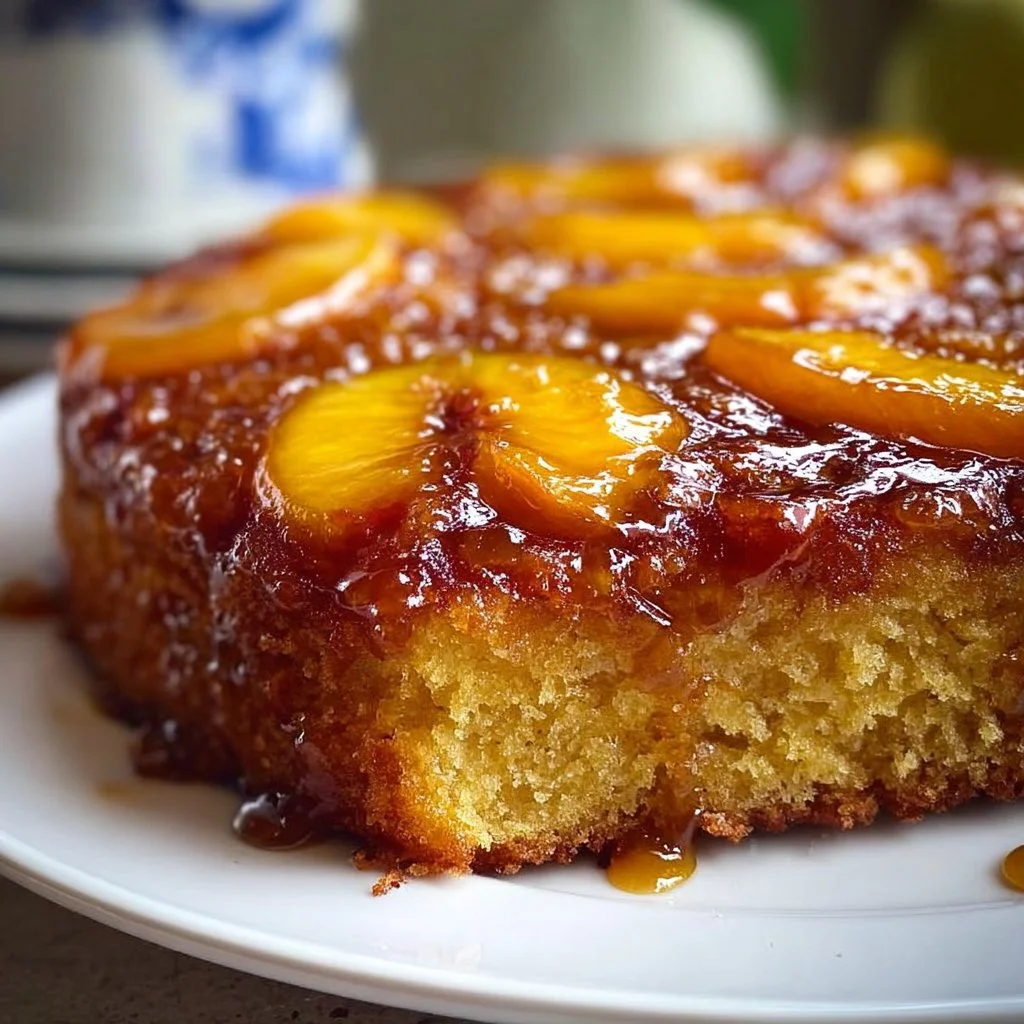 Slices of brown sugar peach cake topped with fresh peaches and whipped cream