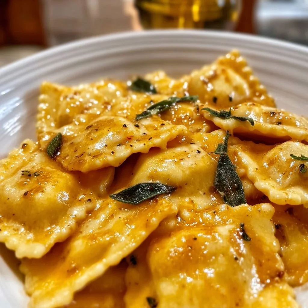 Butternut squash ravioli sauce served over pasta with herbs