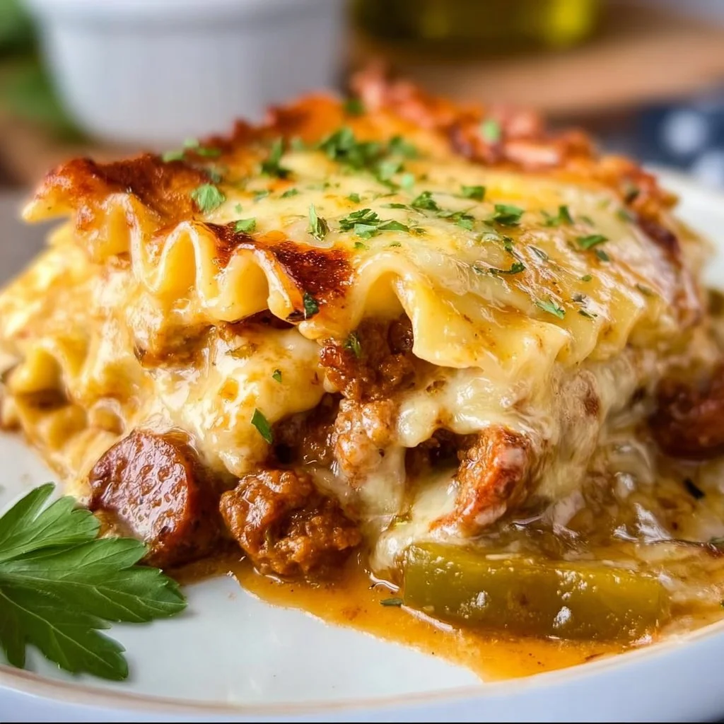 Delicious Cajun Lasagna with spicy sausage and melting cheese layers