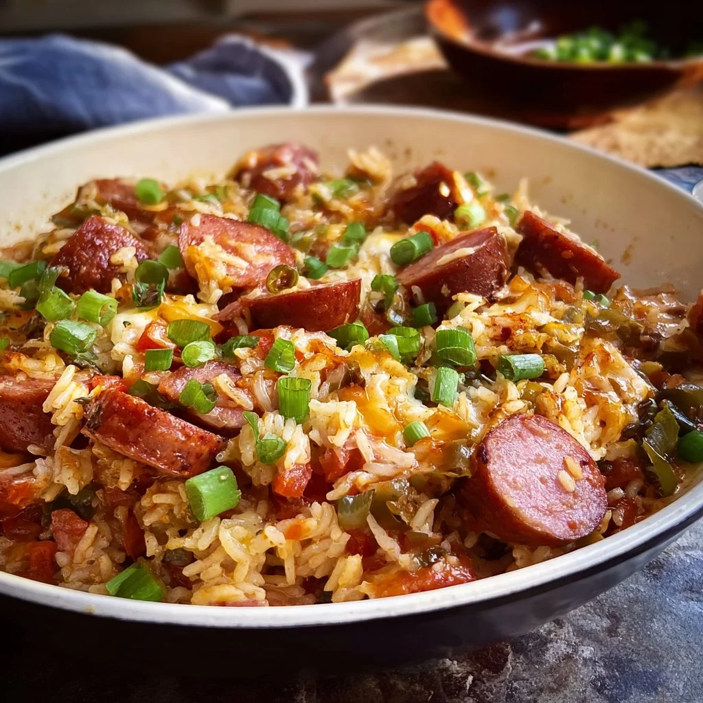 Cajun sausage-rice skillet served in a vibrant dish with herbs and spices.