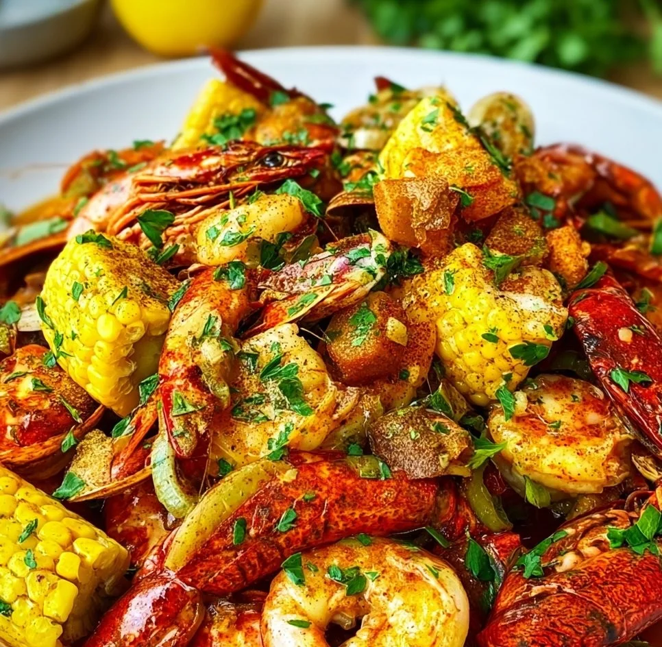 A delicious Cajun Seafood Boil with shrimp, crab, and spicy seasoning