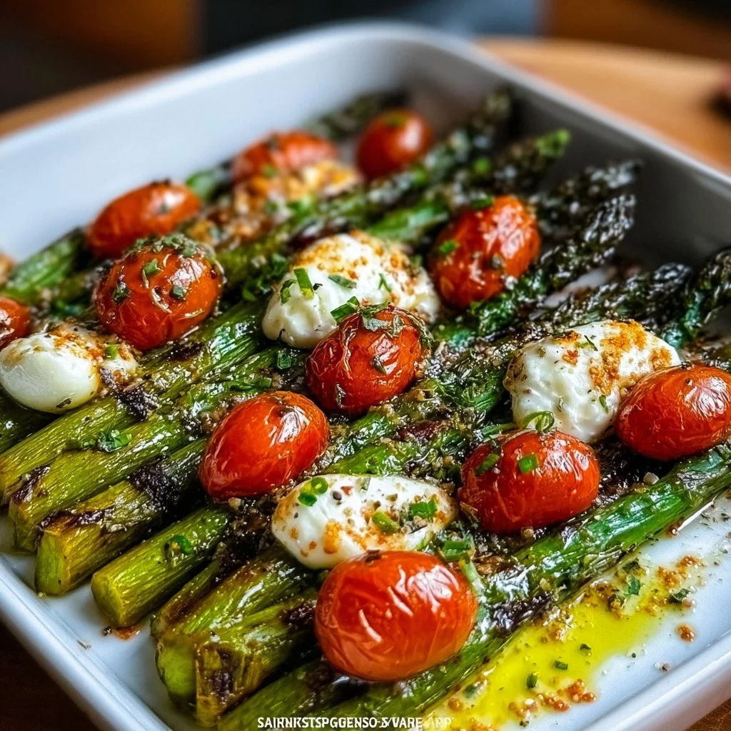 Delicious Caprese roasted asparagus topped with cheese and tomatoes