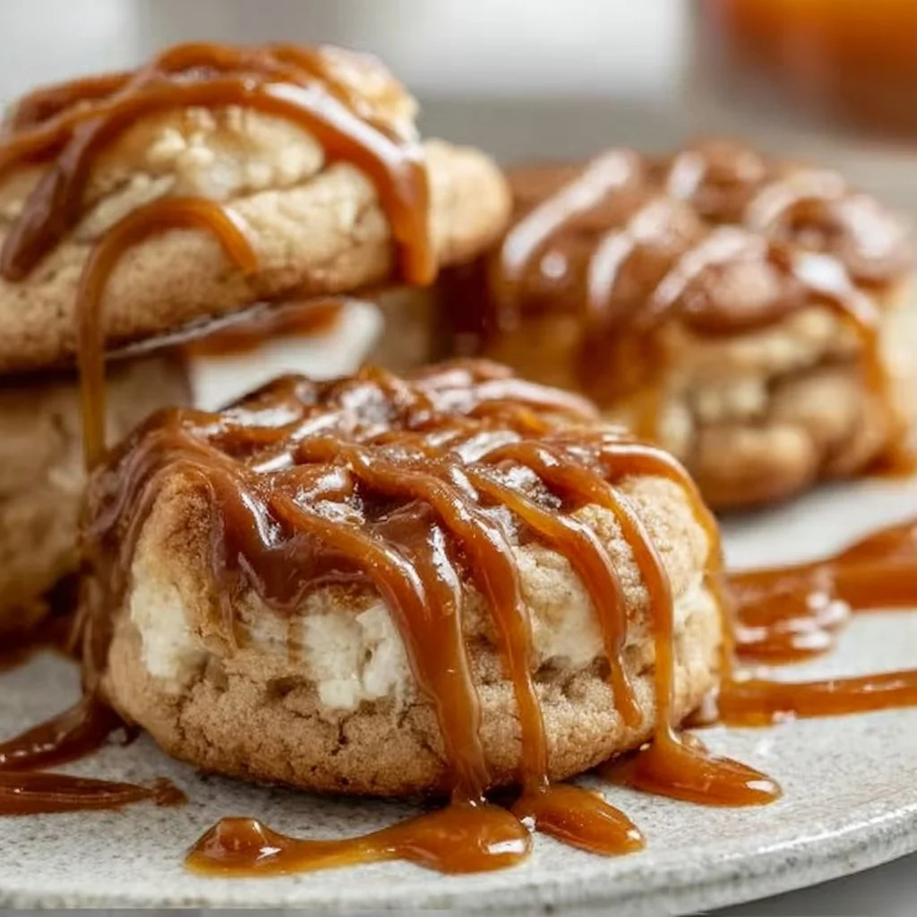 Freshly baked Caramel Cheesecake Cookies on a plate
