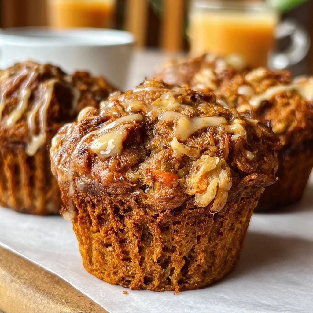 Freshly baked Carrot Apple Morning Glory Muffins on a wooden table