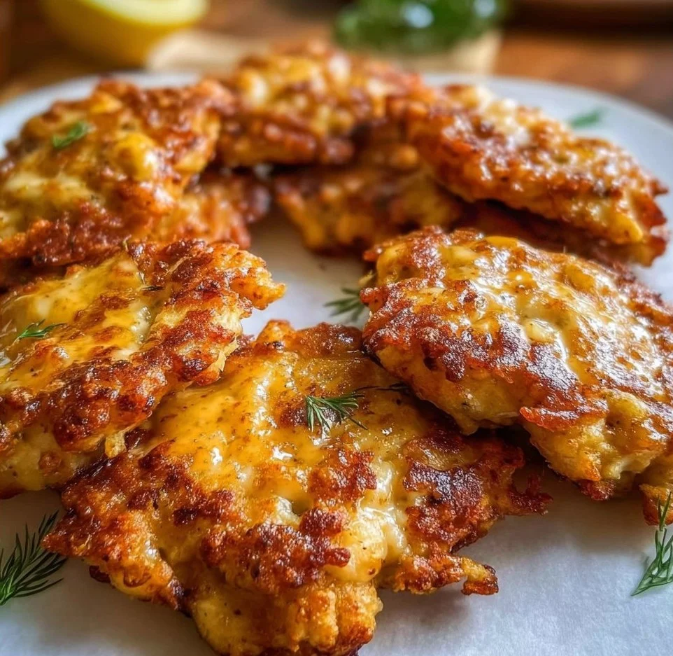 Cheesy chicken fritters served on a plate, garnished with herbs