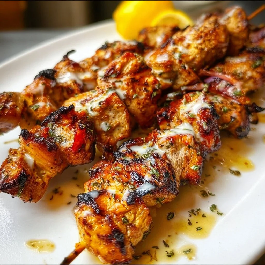 Delicious grilled chicken kebabs skewered with vegetables