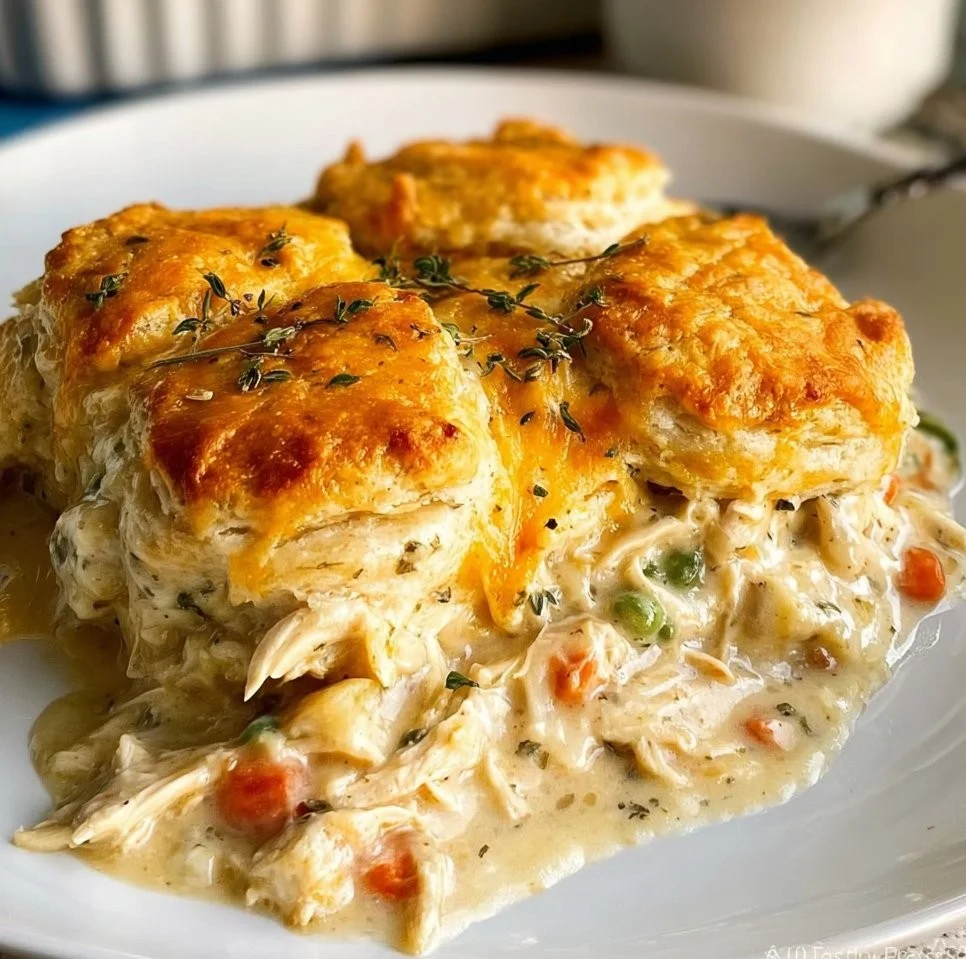 Delicious Chicken Pot Pie Casserole topped with flaky crust and hearty filling.