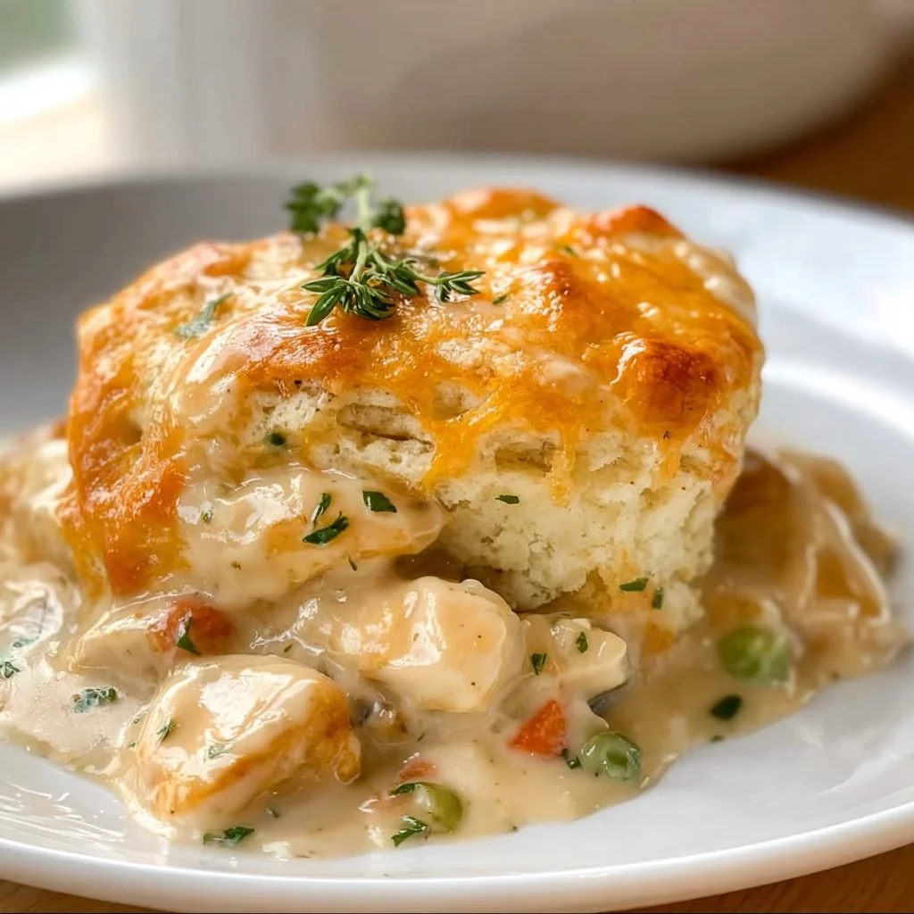 Delicious Chicken Pot Pie Casserole ready to serve with golden crust.