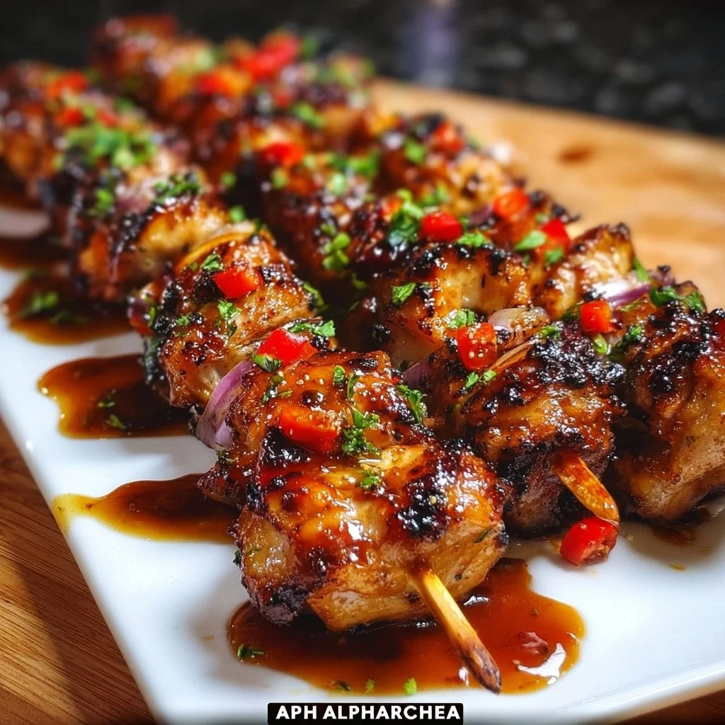 Grilled chicken skewers glazed with Korean BBQ sauce on a serving platter.