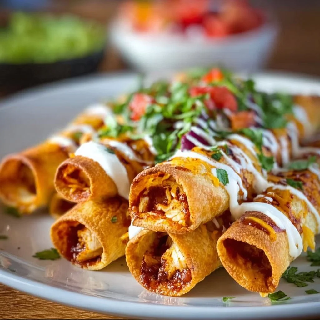 Delicious Chicken Taquitos served with salsa and guacamole