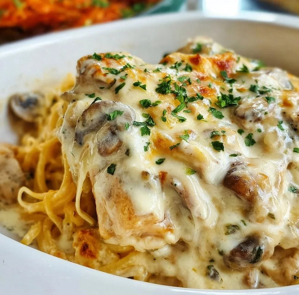 Delicious Chicken Tetrazzini topped with cheese and herbs in a baking dish