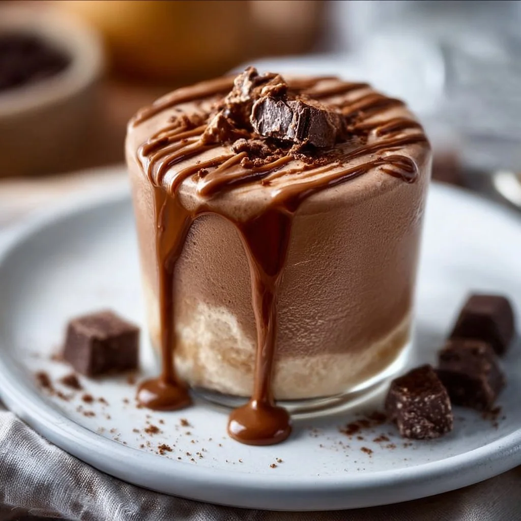 Chocolate Peanut Butter Protein Shake in a glass with ice and chocolate drizzle.
