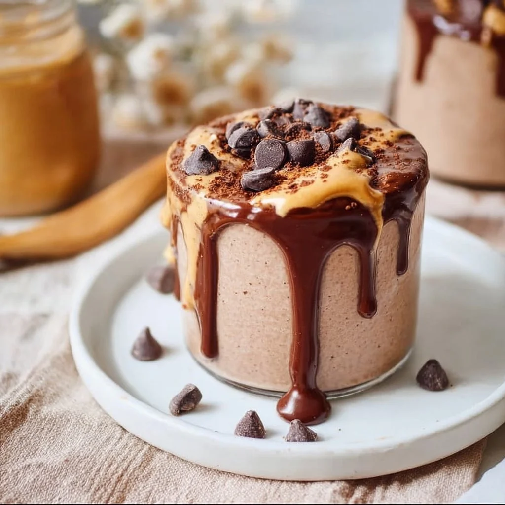 Chocolate peanut butter protein smoothie in a glass topped with banana and cocoa powder.