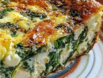 Cottage Cheese & Spinach Crustless Quiche sliced on a white plate