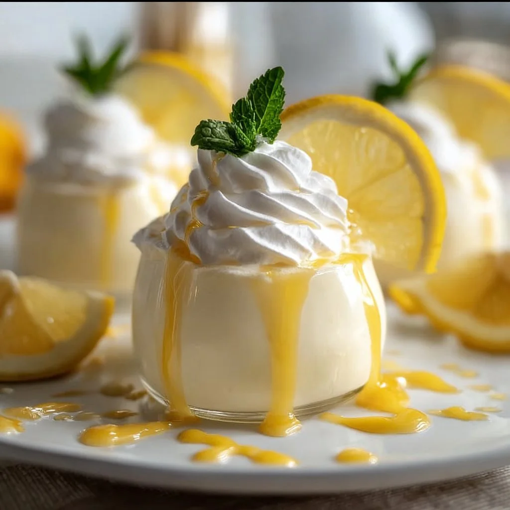 Delicious creamy lemon mousse served in a glass with lemon slices on top