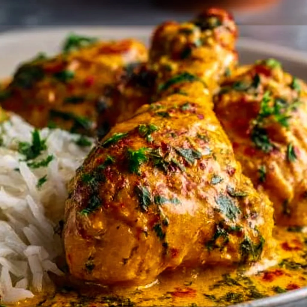 Creamy paprika chicken drumsticks with steamed rice on a plate