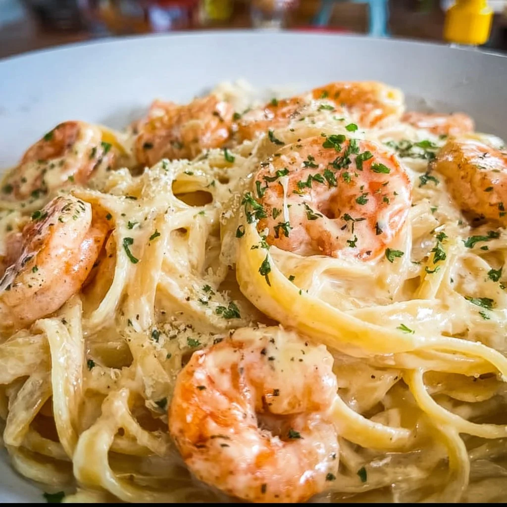 Delicious creamy shrimp pasta served on a white plate