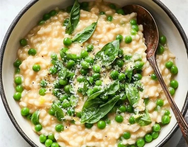 Creamy spring pea risotto garnished with fresh herbs and peas
