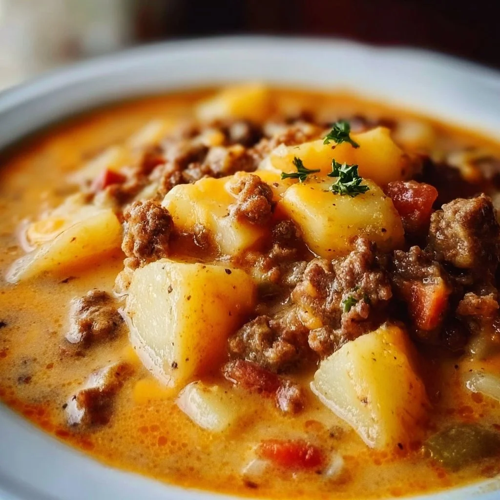 Delicious Crock Pot Hamburger Potato Soup served in a bowl with herbs