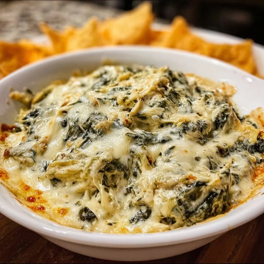 Delicious crockpot spinach artichoke dip served in a bowl with tortilla chips.