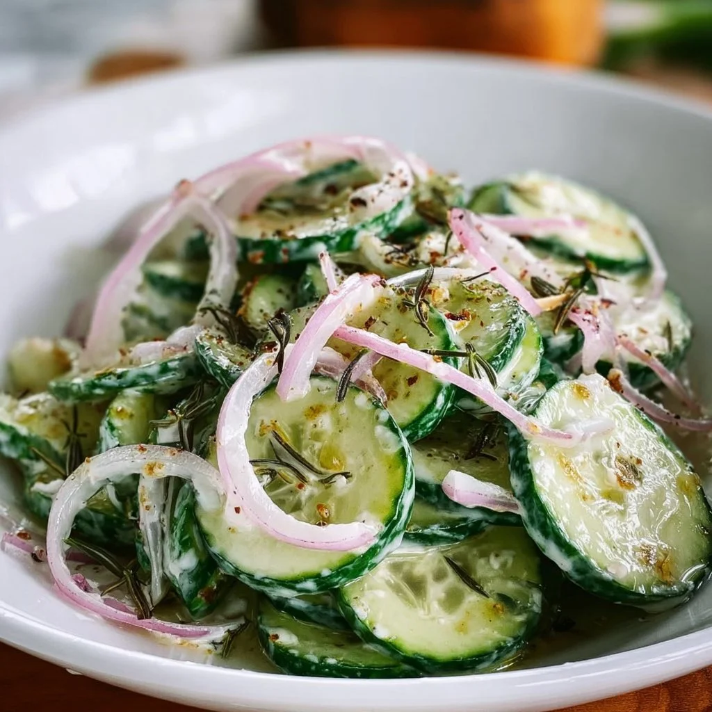 Fresh Cucumber Onion Salad garnished with herbs and dressing