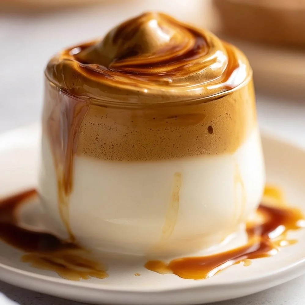 A cup of whipped Dalgona Coffee topped with cocoa powder and served on a wooden table.