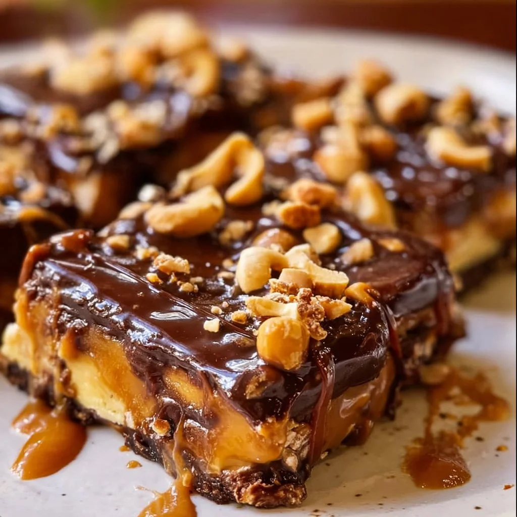 Delicious homemade Date Snickers bars with nuts and chocolate
