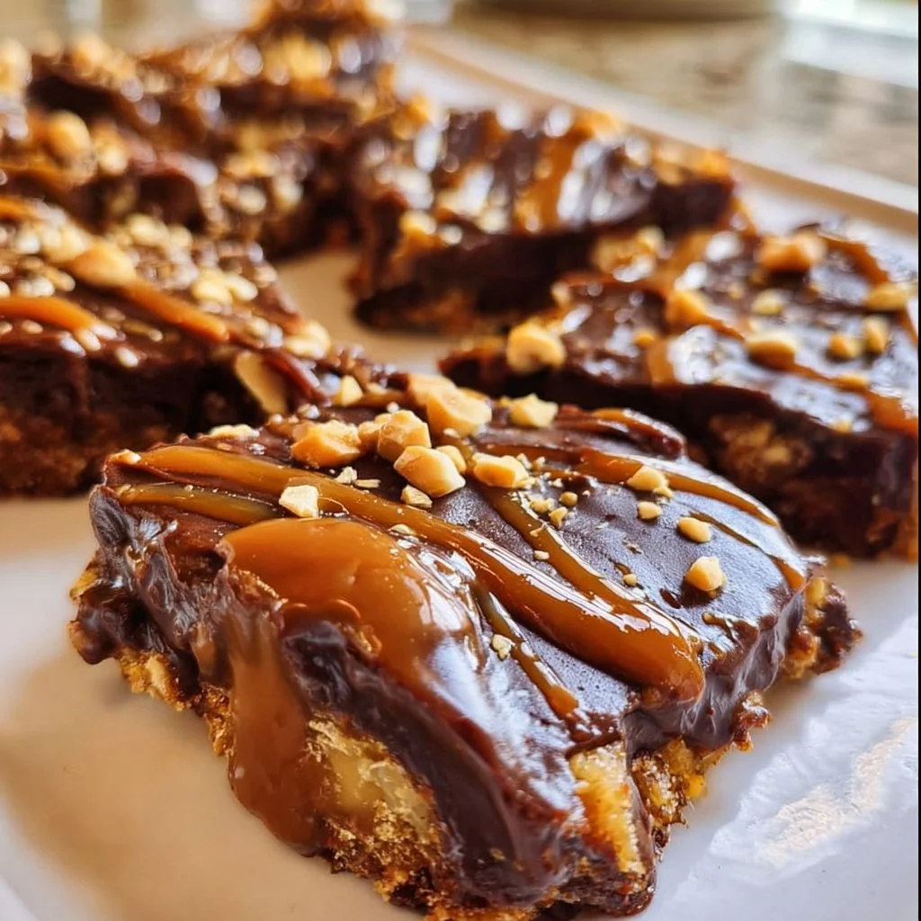 Homemade Date Snickers bars topped with nuts and chocolate.