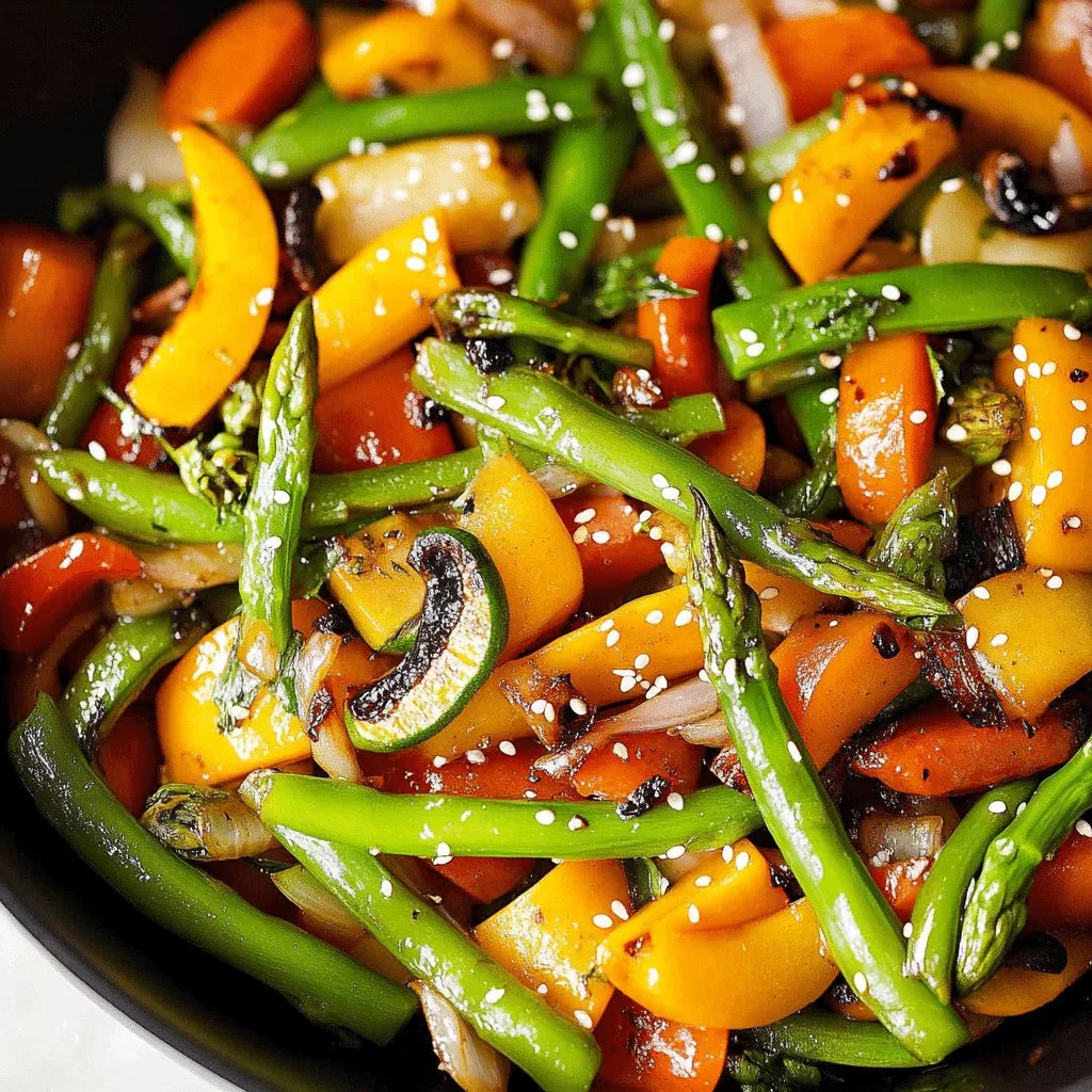 Colorful spring vegetable stir-fry with fresh ingredients in a skillet