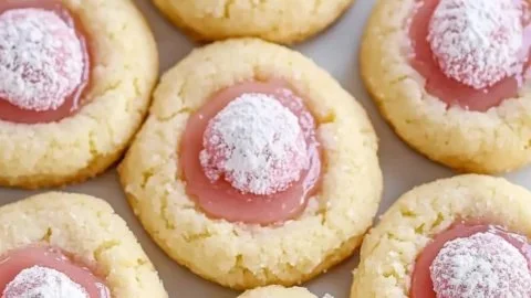 Delightful pink lemonade thumbprint cookies on a plate with lemon slices