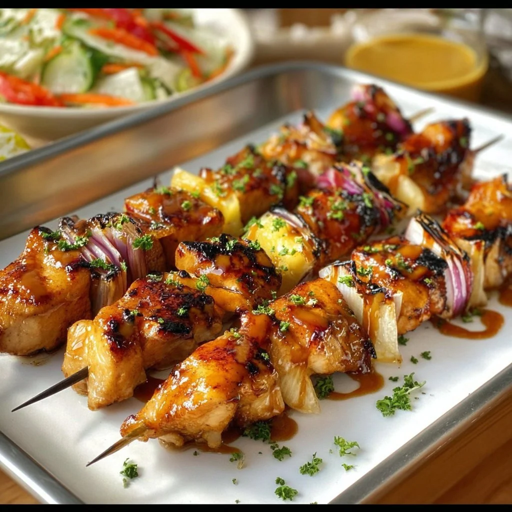 Grilled Hawaiian chicken skewers served with pineapple and bell peppers