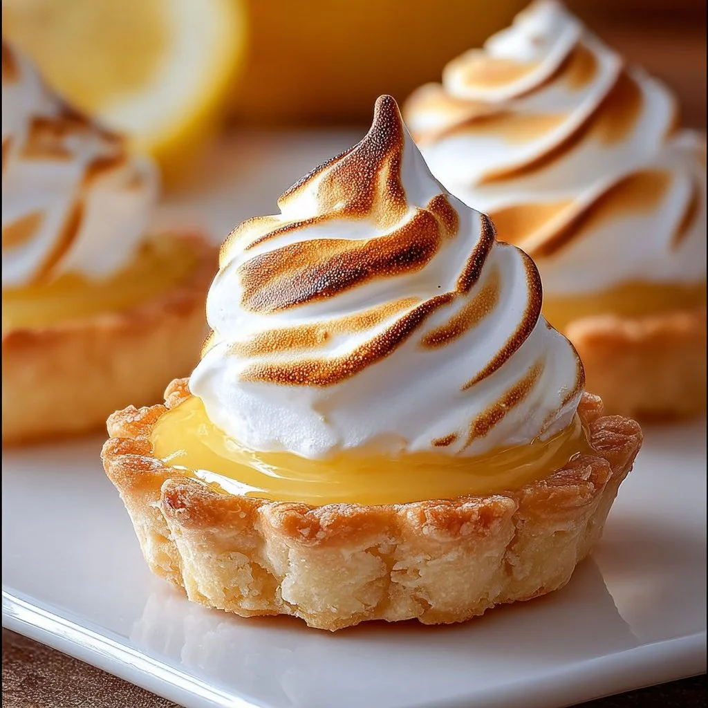Easy lemon meringue pie tartlets with a golden meringue topping.