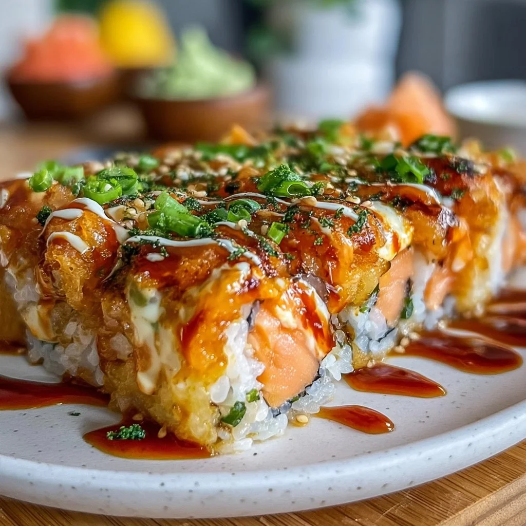 Delicious Easy Spicy Salmon Sushi Bake dish served hot from the oven
