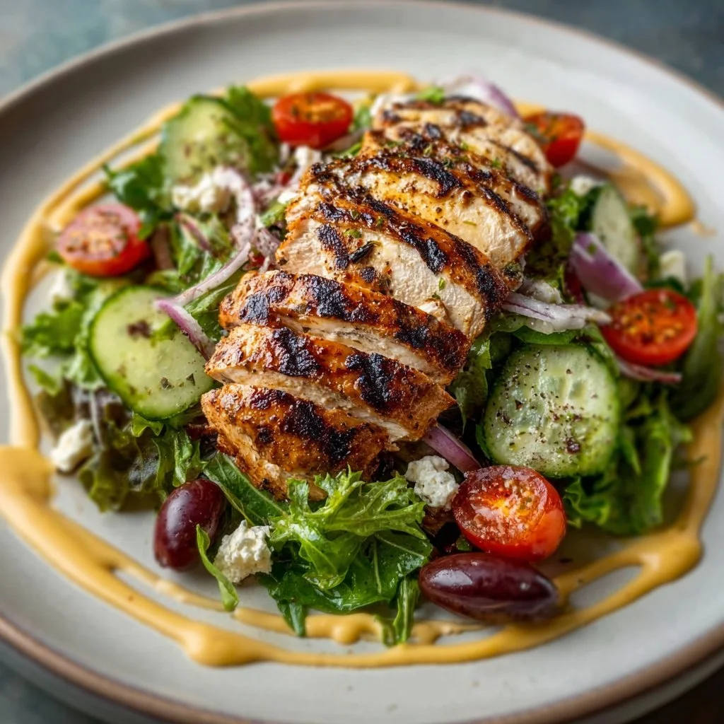 Fresh grilled chicken salad with mixed vegetables and dressing