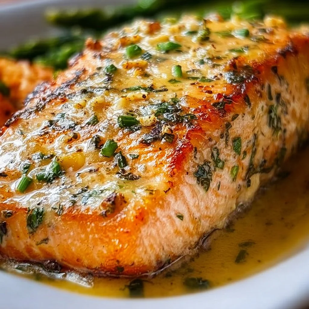 Delicious garlic butter baked salmon served with lemon and herbs