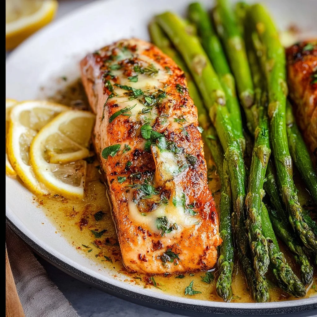 Gourmet Garlic Butter Salmon with Lemon Asparagus in a skillet