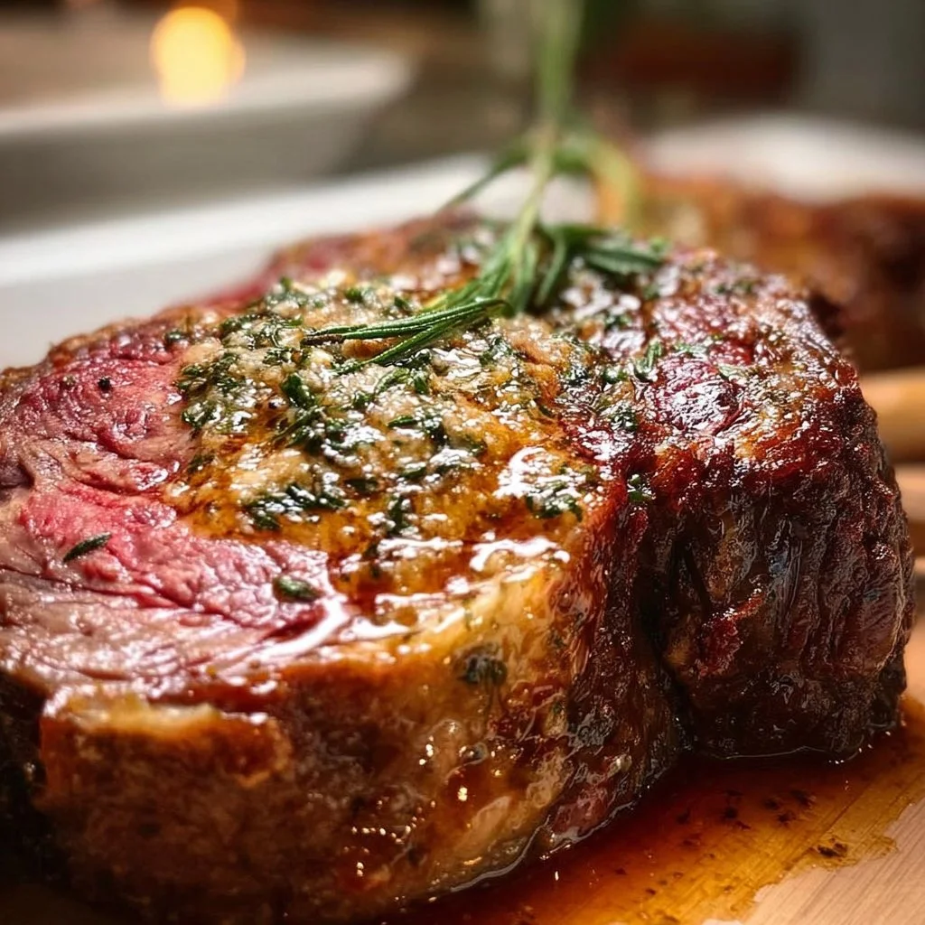 Delicious Garlic Herb Prime Rib Roast served with herbs and garlic seasoning.