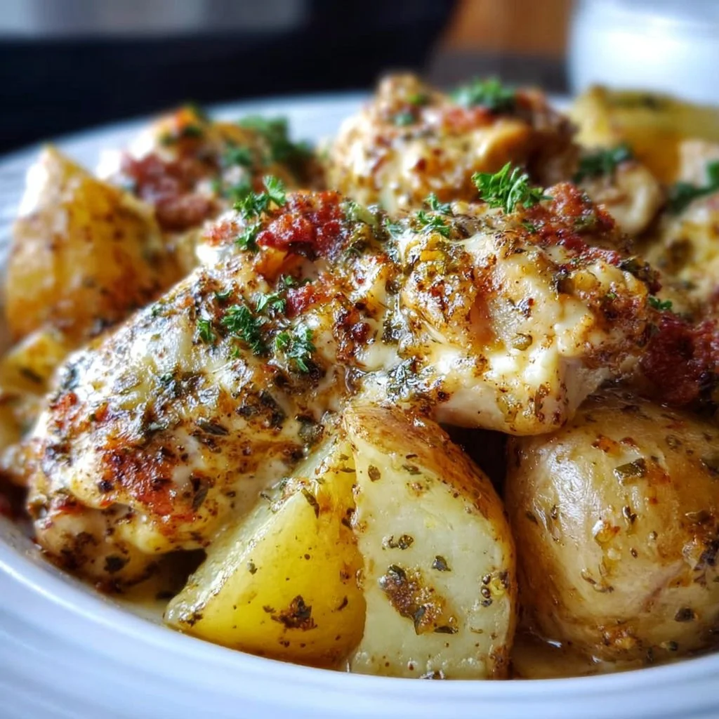 Garlic Parmesan Chicken and Potatoes in a crockpot for an easy dinner
